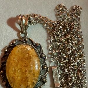 Vintage Silver Amber Pendant Necklace